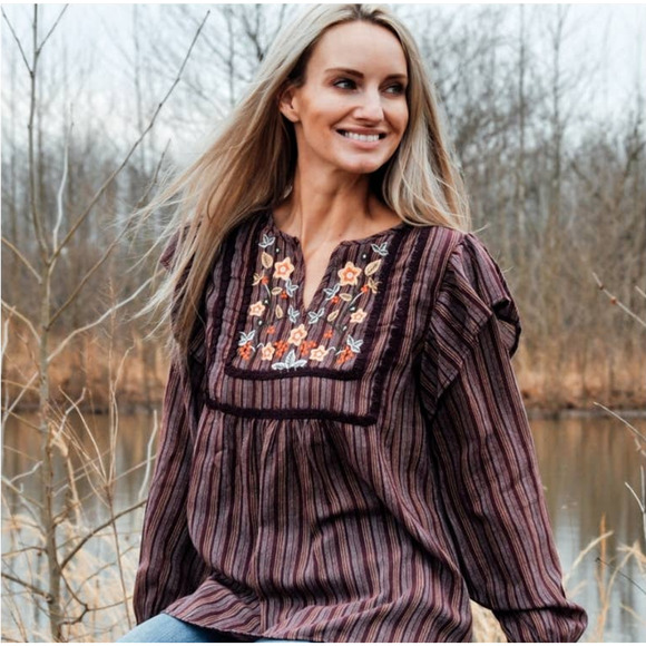 L Love floral embroidered striped peasant linen blend blouse purple large - Picture 3 of 6